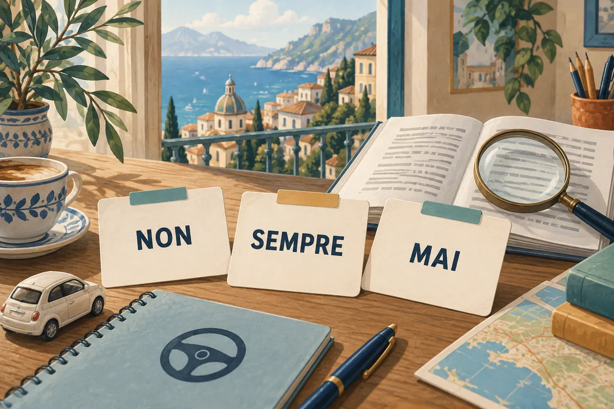 NON、SEMPRE、MAI 关键词卡片与学习笔记插画